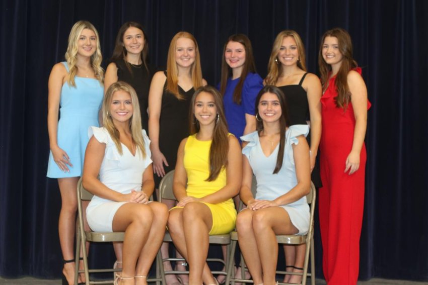 Standing from left to right: Sophomore Maids Maddie Liggett and CC Cumberland; Freshman Maids Caroline Cheatham and Anna Young; Junior Maids Addy Lea Page and Parker Woods. Seated from left to right: Senior Maids and candidates for Homecoming Queen Sydney Sisson, Meredith Adams, and Carlyn Vaughn.